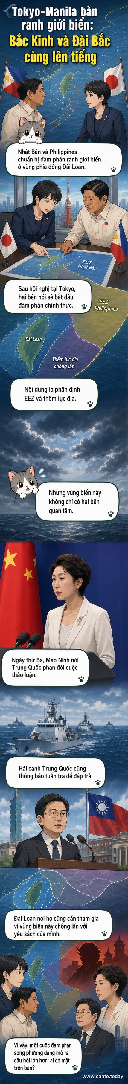Bản đồ minh họa khu vực phía đông Đài Loan, nơi Nhật Bản và Philippines bắt đầu đàm phán phân định ranh giới biển, với sự hiện diện của tàu Trung Quốc và phản ứng từ Đài Loan.