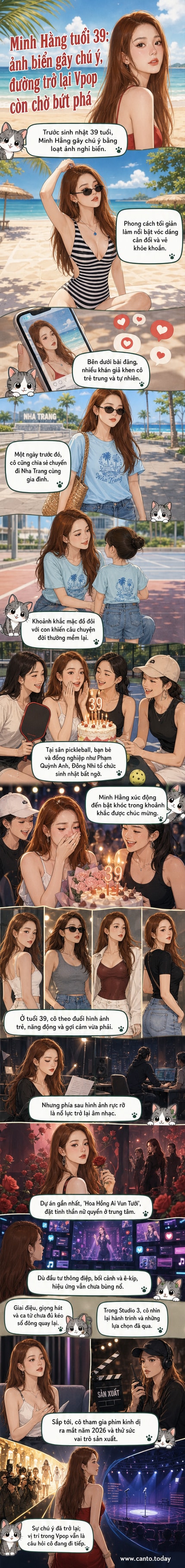 Minh Hằng trong bộ đồ bơi sọc tại bãi biển, tạo dáng tự tin với ánh nắng và biển xanh phía sau.