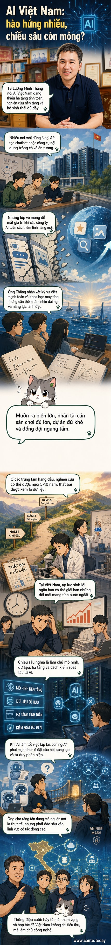 Minh họa hình ảnh nhà khoa học trẻ làm việc với hệ thống AI, nền là biểu đồ và mã nguồn, thể hiện sự chênh lệch giữa ứng dụng bề nổi và chiều sâu công nghệ tại Việt Nam.