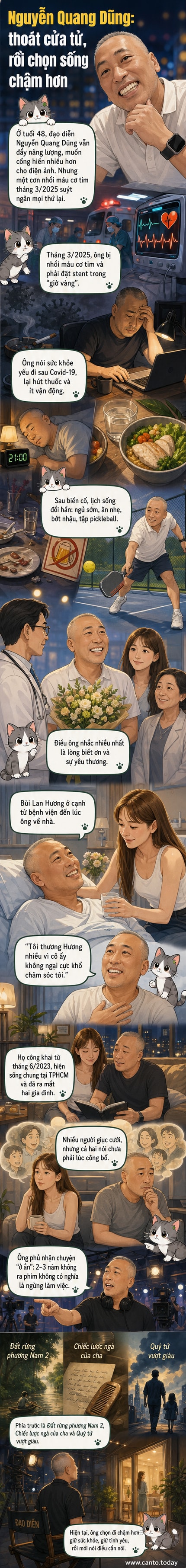 Đạo diễn Nguyễn Quang Dũng và bạn gái Bùi Lan Hương bên nhau trong khung cảnh ấm áp, thể hiện tình cảm gắn bó sau biến cố sức khỏe.