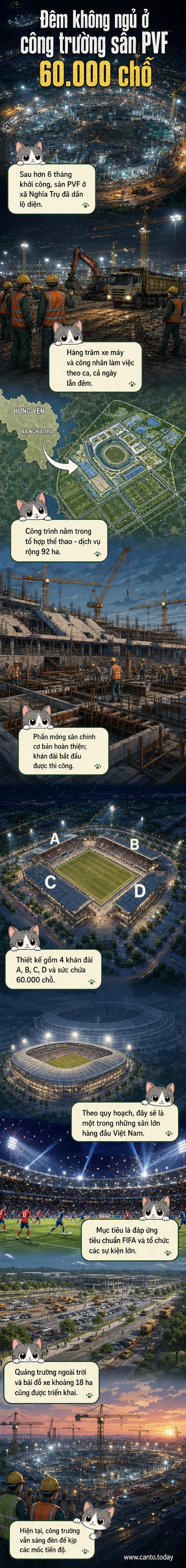 Công trường sân vận động PVF tại Hưng Yên rực sáng dưới ánh đèn đêm với hàng trăm công nhân và máy móc đang thi công liên tục.