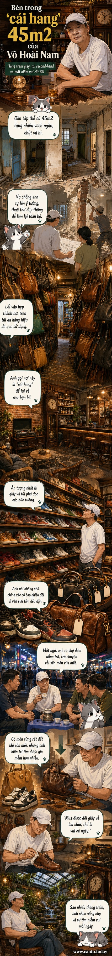 Hình ảnh bên trong căn nhà của NSƯT Võ Hoài Nam với tường treo đầy giày và túi hiệu second-hand, quầy bar nhỏ, đồng hồ cổ và tiểu cảnh non bộ dưới giếng trời.