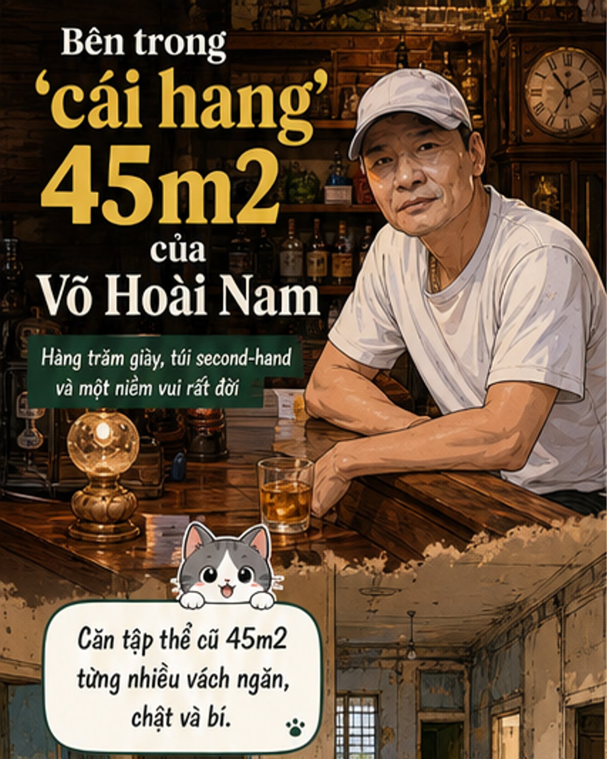 Hình ảnh bên trong căn nhà của NSƯT Võ Hoài Nam với tường treo đầy giày và túi hiệu second-hand, quầy bar nhỏ, đồng hồ cổ và tiểu cảnh non bộ dưới giếng trời.
