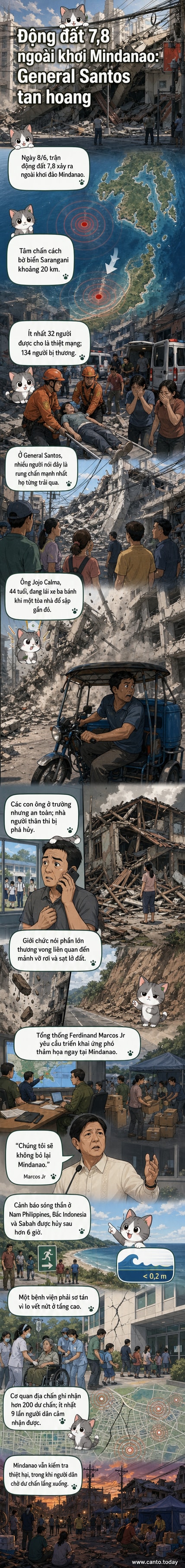 Hình ảnh hiện trường một tòa nhà đổ sập sau trận động đất mạnh ở General Santos, Philippines, với các mảnh vỡ bê tông và gạch vụn ngổn ngang trên đường phố.