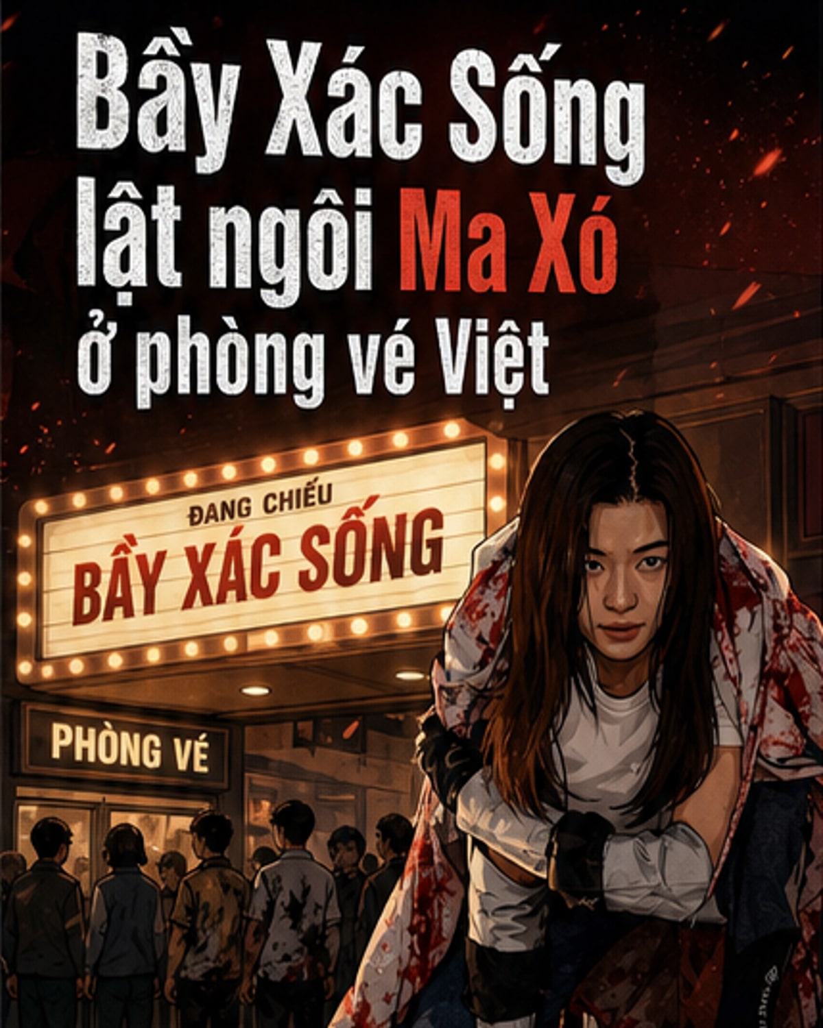 Poster phim Bầy Xác Sống với hình ảnh xác sống rượt đuổi nhóm người trong thành phố đổ nát, nền đỏ rực