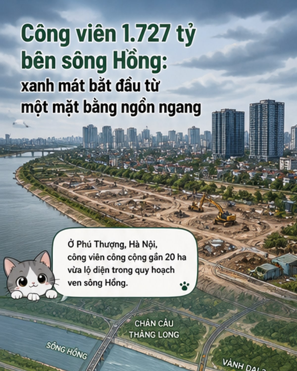 Hình ảnh phối cảnh công viên công cộng phường Phú Thượng, Hà Nội, với không gian xanh rộng lớn, hồ nước, quảng trường và các công trình văn hóa dọc bờ sông Hồng.