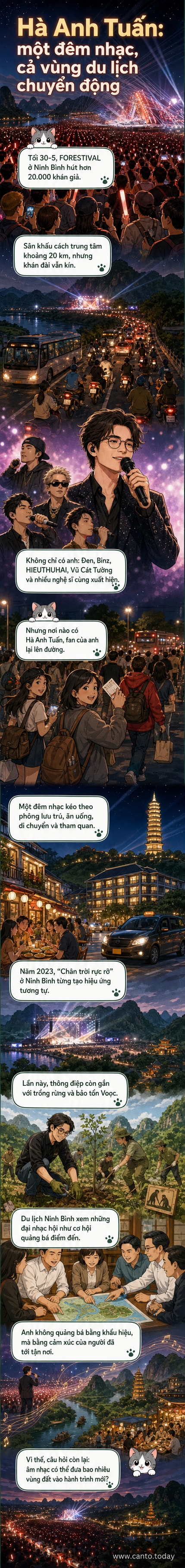 Hà Anh Tuấn biểu diễn trên sân khấu ngoài trời tại Ninh Bình, khán giả phủ kín khán đài nhuộm màu hồng tím, phía sau là cảnh quan thiên nhiên hùng vĩ.