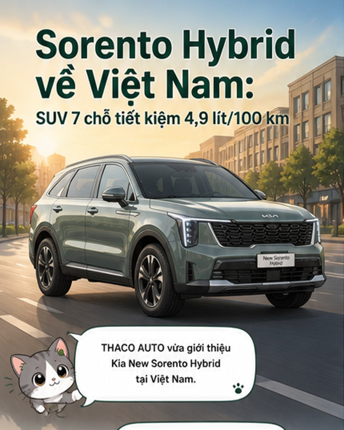 Kia New Sorento Hybrid màu trắng đang đậu trên sân khấu ra mắt, phía trước là logo Kia và dòng chữ 'New Sorento Hybrid'