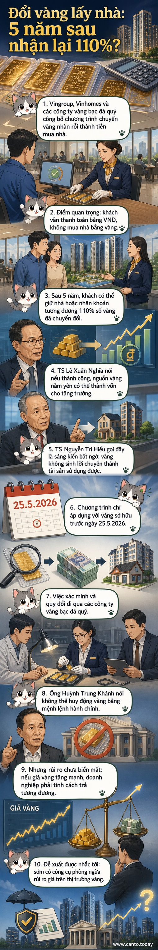 Minh họa một người dân trao vàng cho nhân viên công ty vàng, sau đó nhận chìa khóa nhà từ Vinhomes, với biểu tượng chuyển đổi và tăng trưởng kinh tế ở nền.