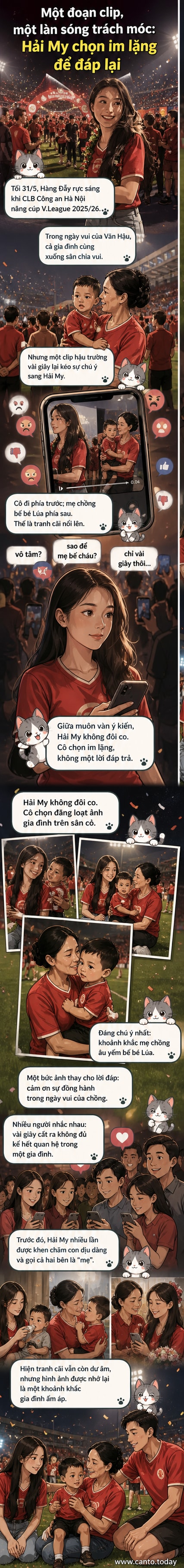 Doãn Hải My và gia đình trên khán đài sân Hàng Đẫy trong ngày Đoàn Văn Hậu vô địch, với hình ảnh mẹ chồng bế bé Lúa được làm nổi bật.