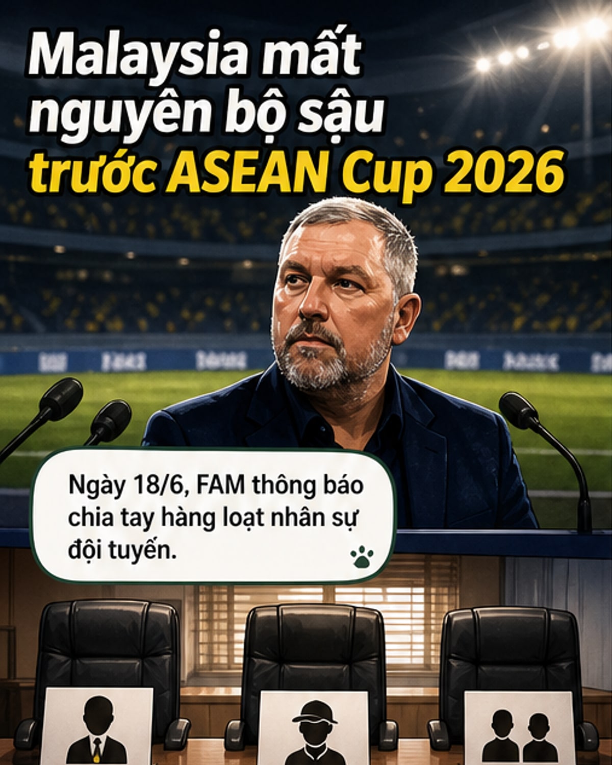 Minh họa đội tuyển Malaysia trong tình trạng hỗn loạn với băng ghế huấn luyện trống, biểu tượng AFF Cup ở nền sau.