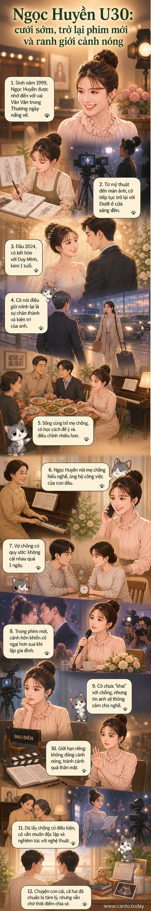 Diễn viên Ngọc Huyền cười nhẹ bên chồng Duy Minh trong khung cảnh ấm áp, ánh đèn dịu nhẹ bao quanh như minh họa cho một hôn nhân thấu hiểu và cân bằng giữa nghệ thuật và đời sống gia đình.