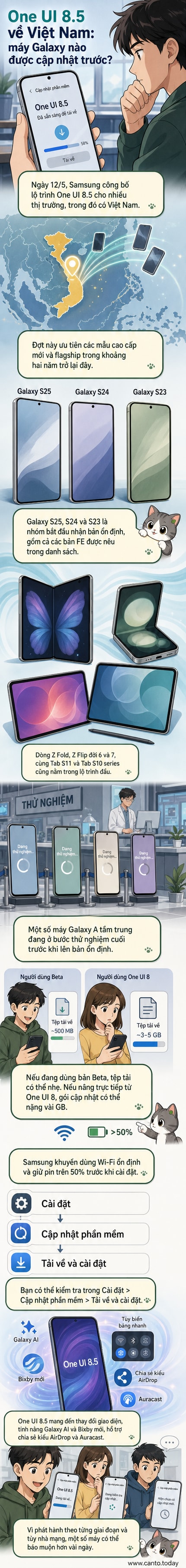 Màn hình điện thoại Samsung hiển thị giao diện One UI 8.5 với thiết kế mới, bảng điều khiển nhanh được tùy chỉnh và biểu tượng AirDrop.