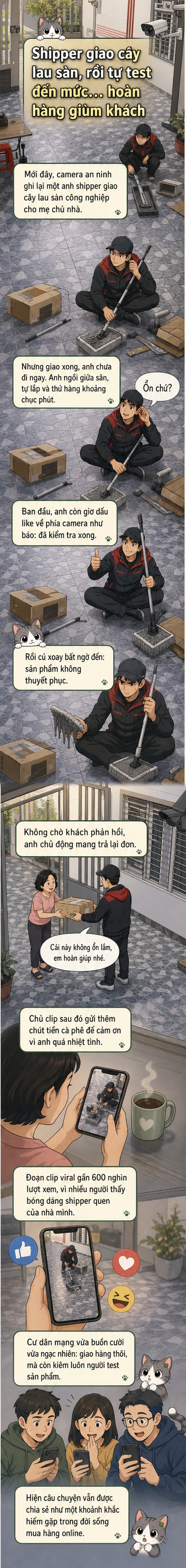 Hình ảnh một nhân viên giao hàng ngồi giữa sân, đang lắp ráp và kiểm tra cây lau sàn trước khi quyết định trả lại hàng vì chất lượng kém.