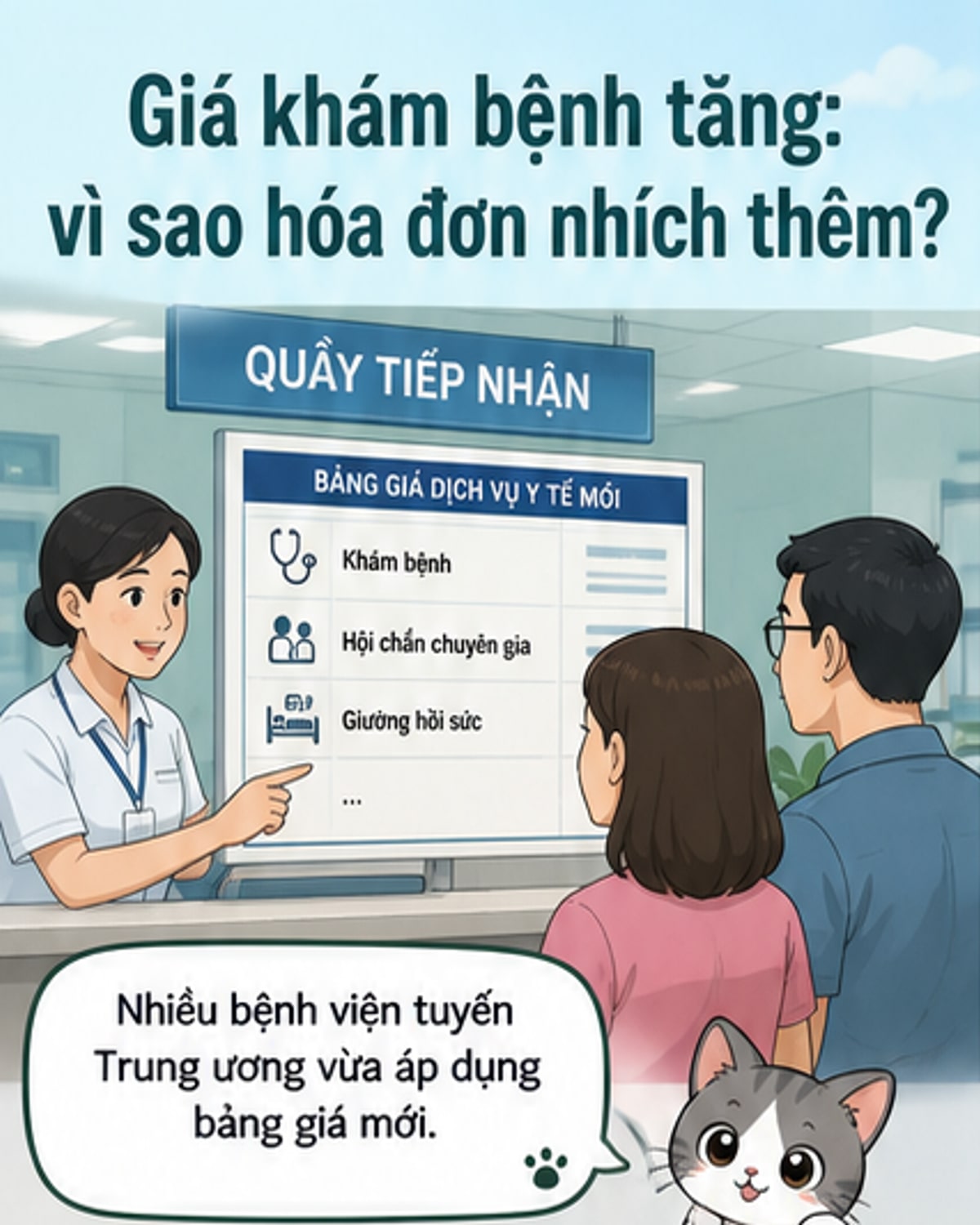 Bảng giá dịch vụ khám chữa bệnh mới tại các bệnh viện trung ương, hiển thị mức tăng khoảng 4% và cấu thành chi phí gồm chi phí trực tiếp, nhân công và quản lý.