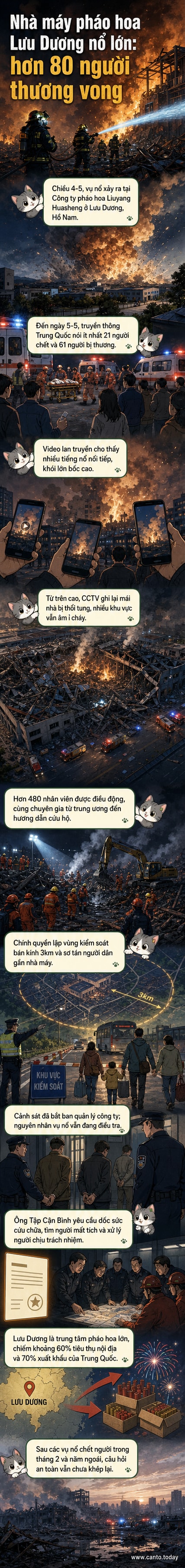 Hình ảnh từ máy bay không người lái ghi lại cảnh hiện trường nhà máy pháo hoa ở Lưu Dương, Trung Quốc sau vụ nổ: các tòa nhà đổ nát, khói bốc cao, lực lượng cứu hộ đang tìm kiếm trong đống đổ nát.