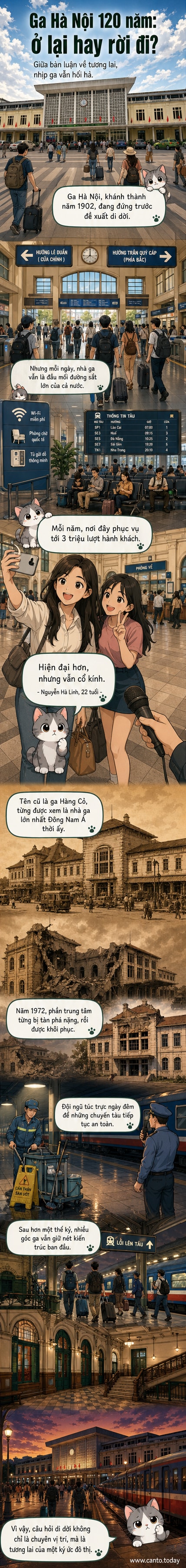 Toàn cảnh ga Hà Nội về đêm, với kiến trúc cổ kính kết hợp mái che hiện đại, đèn chiếu sáng rực rỡ và hành khách di chuyển tấp nập.