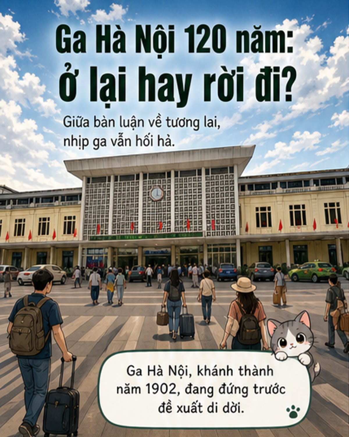 Toàn cảnh ga Hà Nội về đêm, với kiến trúc cổ kính kết hợp mái che hiện đại, đèn chiếu sáng rực rỡ và hành khách di chuyển tấp nập.