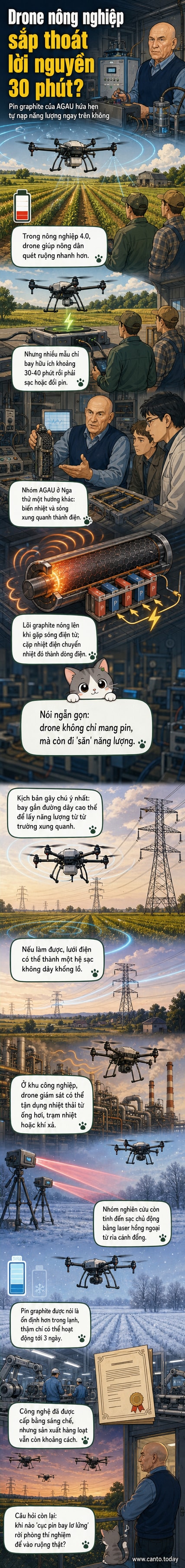 Minh họa drone bay lơ lửng trên cánh đồng, nhận năng lượng từ các đường dây điện cao thế qua sóng điện từ, với lõi pin graphite phát sáng nhẹ bên trong.