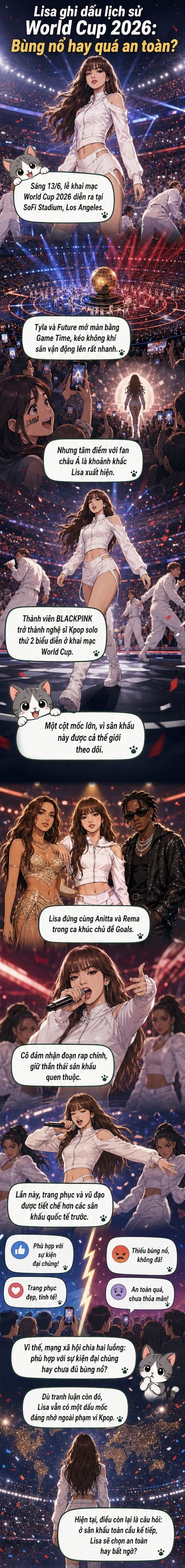 Lisa (BLACKPINK) biểu diễn trên sân khấu lễ khai mạc World Cup 2026 cùng Anitta và Rema, với quả bóng vàng khổng lồ làm nền sau.