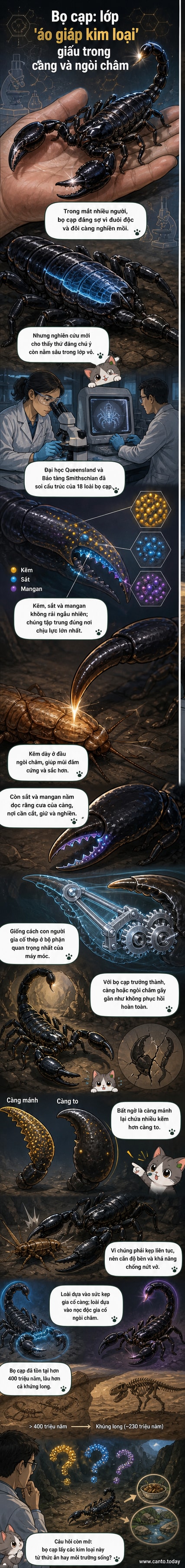 Minh họa bọ cạp với lớp vỏ được phóng đại, hiển thị các vùng tích tụ kim loại như kẽm, sắt và mangan ở càng và ngòi châm, dưới dạng bản đồ nhiệt trên nền tối.