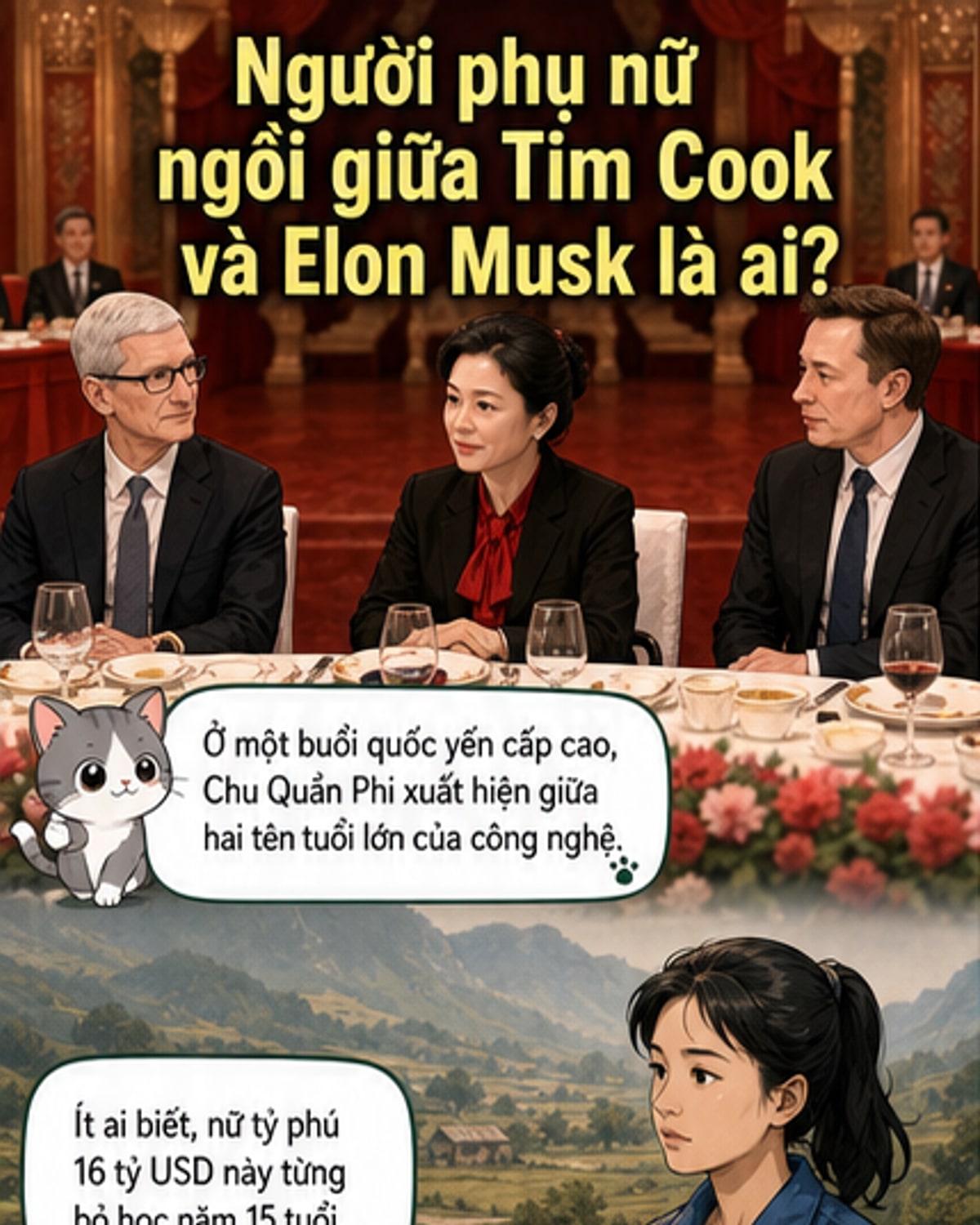 Nữ tỷ phú từ công nhân ngồi giữa Cook và Musk