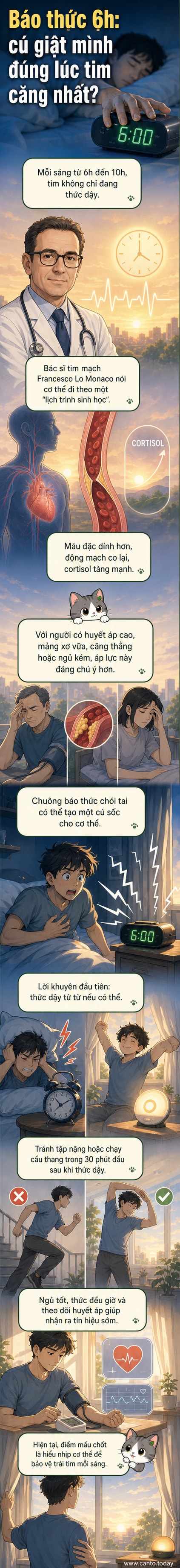 Minh họa một người đang ngủ, đồng hồ chỉ 6h sáng, với hình ảnh minh họa dòng máu đặc hơn và tim co bóp mạnh trong cơ thể.
