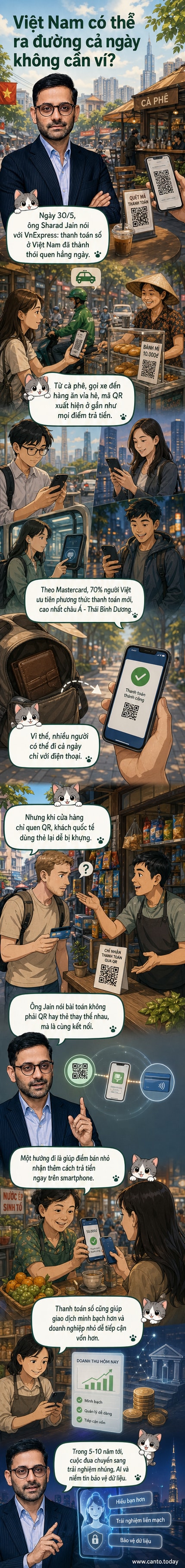 Người bán hàng rong ở Hà Nội dùng điện thoại quét mã QR, loa báo nhận tiền, thể hiện lối sống thanh toán thuần di động tại Việt Nam