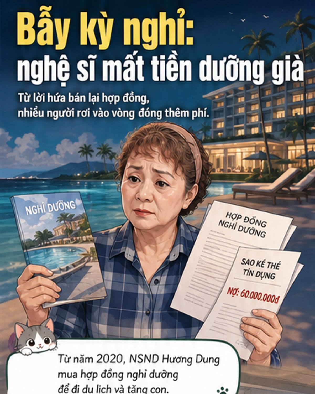 Hình ảnh minh họa nghệ sĩ cầm hợp đồng kỳ nghỉ với biểu cảm lo lắng, xung quanh là các tờ giấy và đồng tiền rơi xuống