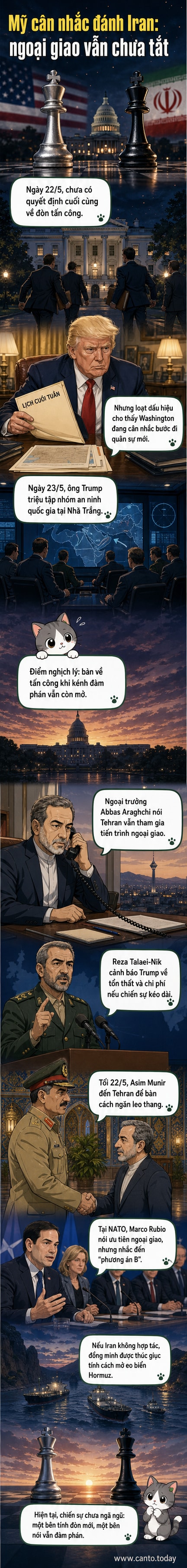 Hình ảnh minh họa bản đồ Trung Đông với các mũi tên chỉ sự di chuyển quân sự giữa Mỹ và Iran, kèm biểu tượng cảnh báo chiến tranh và bàn tay bắt tay biểu tượng cho ngoại giao.