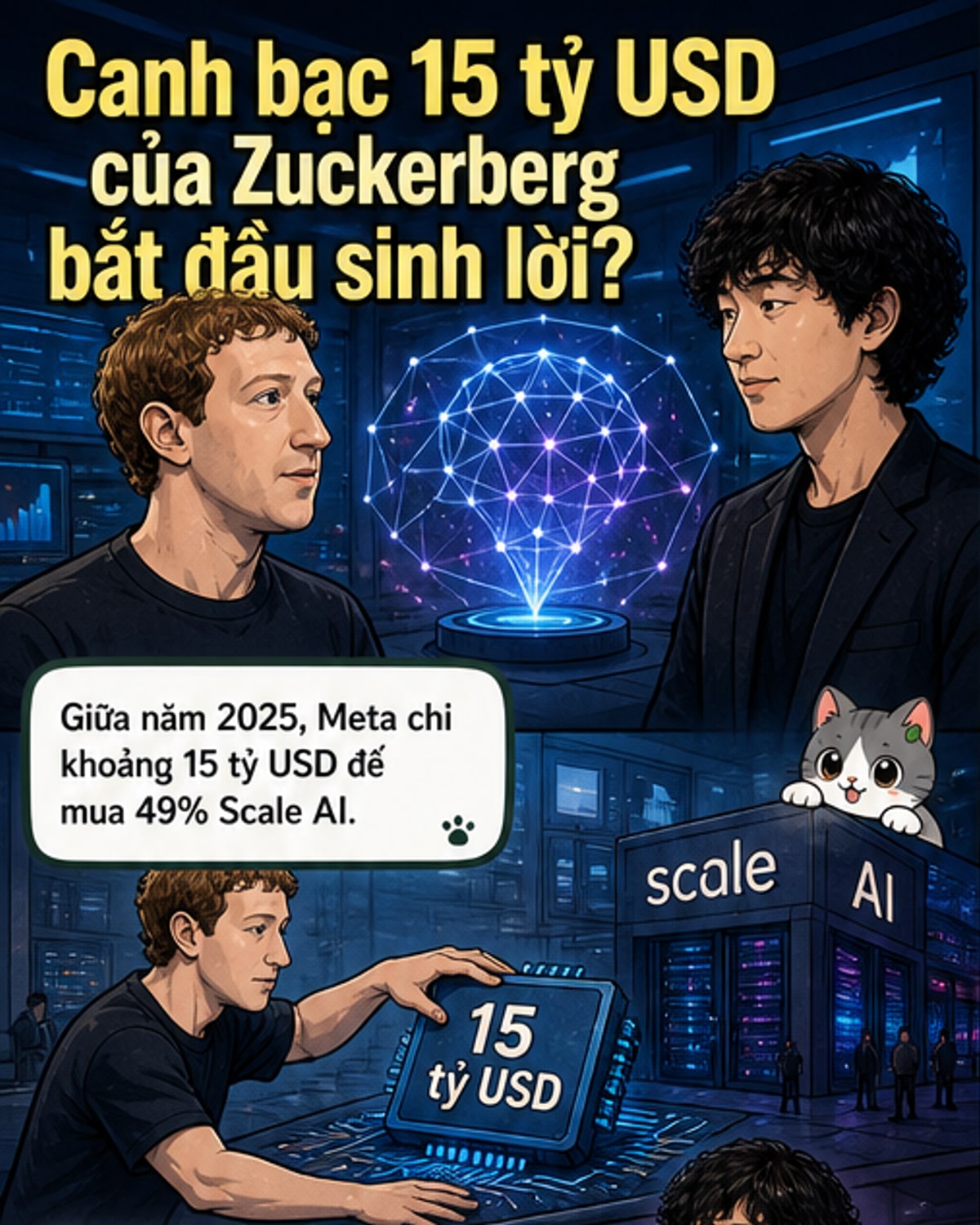 Hình ảnh minh họa: Mark Zuckerberg và Alexandr Wang đối diện nhau, phía sau là biểu đồ AI và dòng chữ '15 tỷ USD cho một tương lai AI'