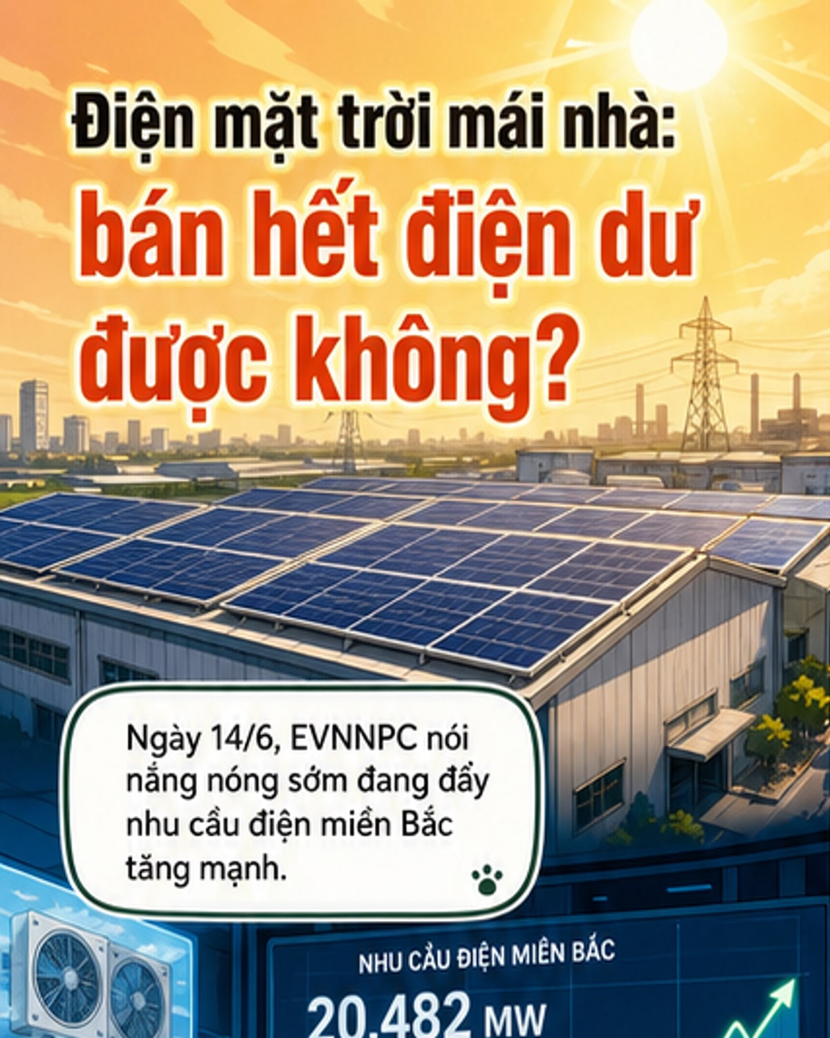 Hình ảnh minh họa mái nhà lắp tấm pin năng lượng mặt trời, với dòng điện dư được truyền lên lưới điện quốc gia
