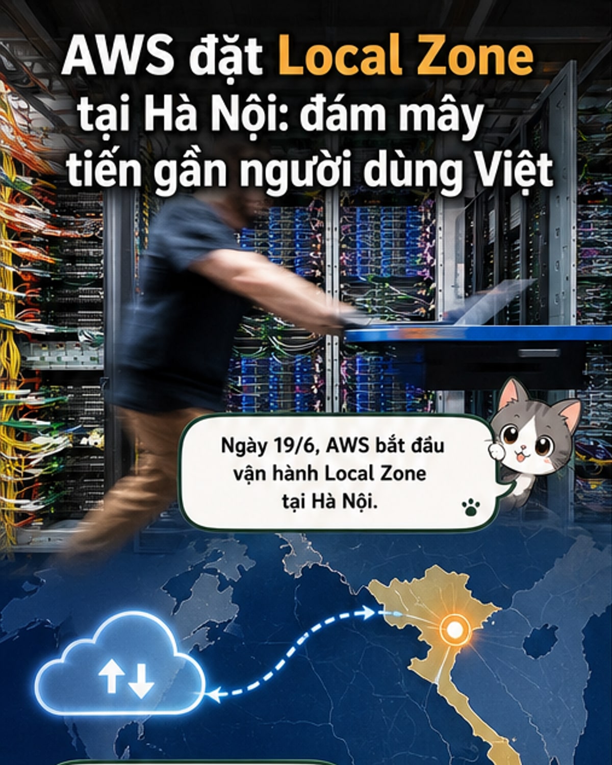 Hình ảnh minh họa trung tâm dữ liệu AWS tại Hà Nội với các kệ máy chủ và kỹ thuật viên đang làm việc, biểu tượng đám mây số hiện đại phía sau.