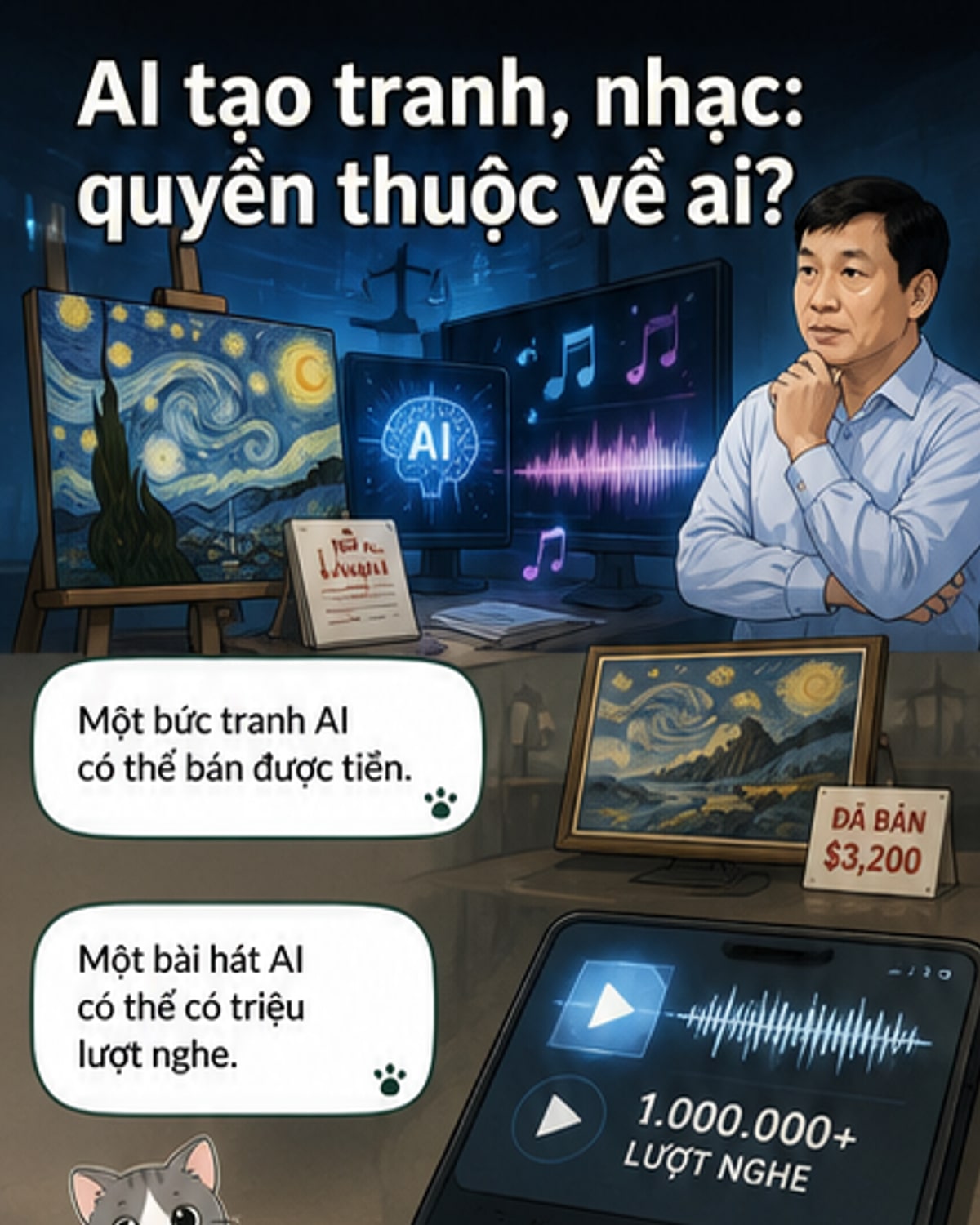 Biểu tượng trí tuệ nhân tạo với hình ảnh khuôn mặt và nốt nhạc, thể hiện sự giao thoa giữa công nghệ và sáng tạo