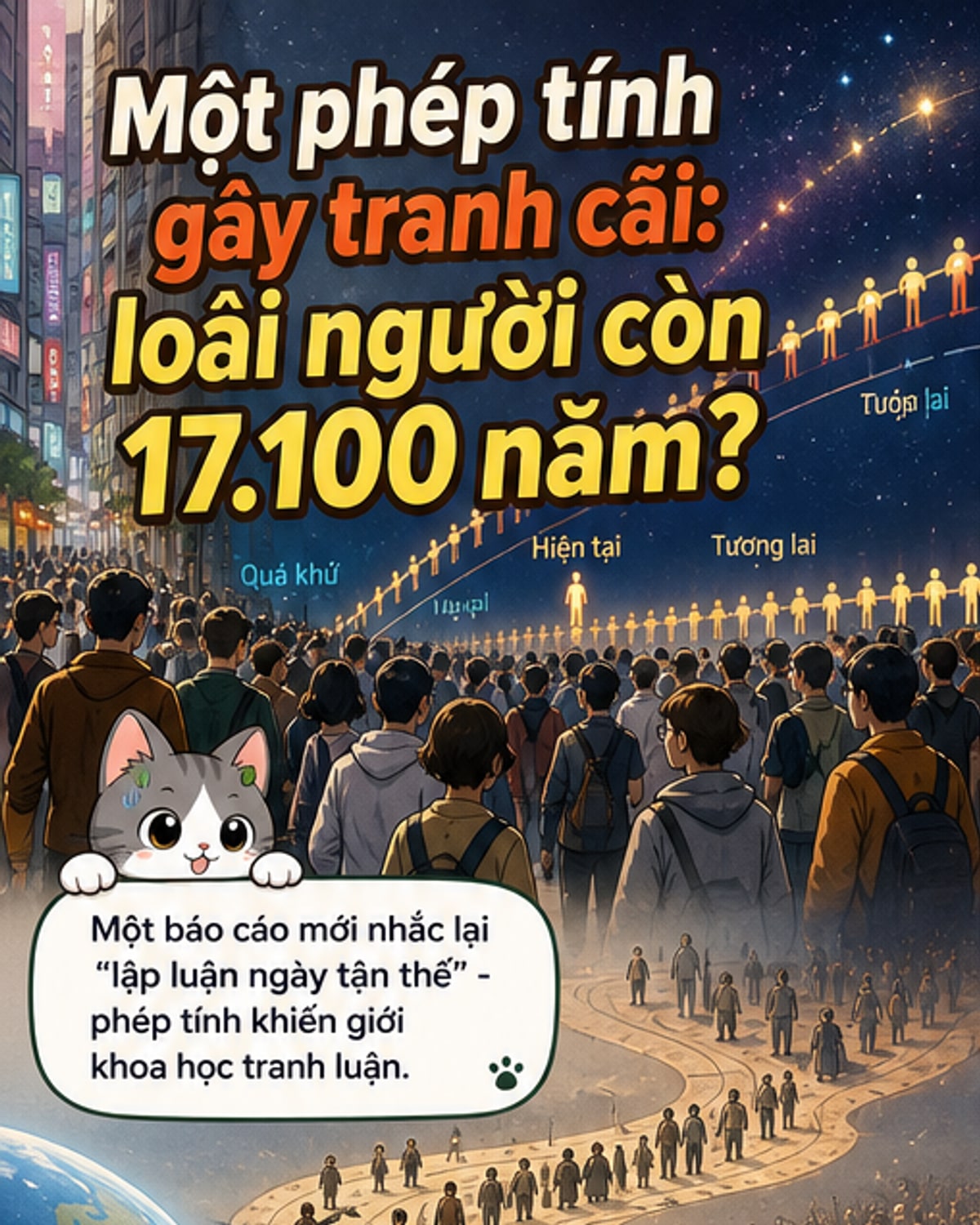Minh họa một dòng thời gian kéo dài với 117 tỷ người đã sống, và một dấu hỏi lớn tại điểm kết thúc của loài người.