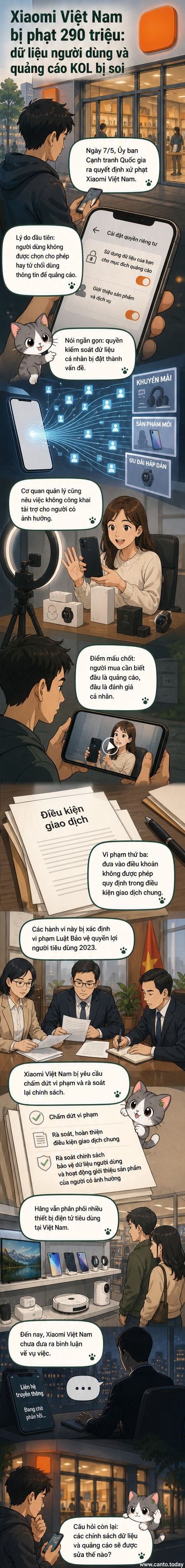 Hình ảnh minh họa cho thấy logo Xiaomi và một thông báo phạt tiền, kèm biểu tượng bảo vệ người tiêu dùng và dữ liệu số.