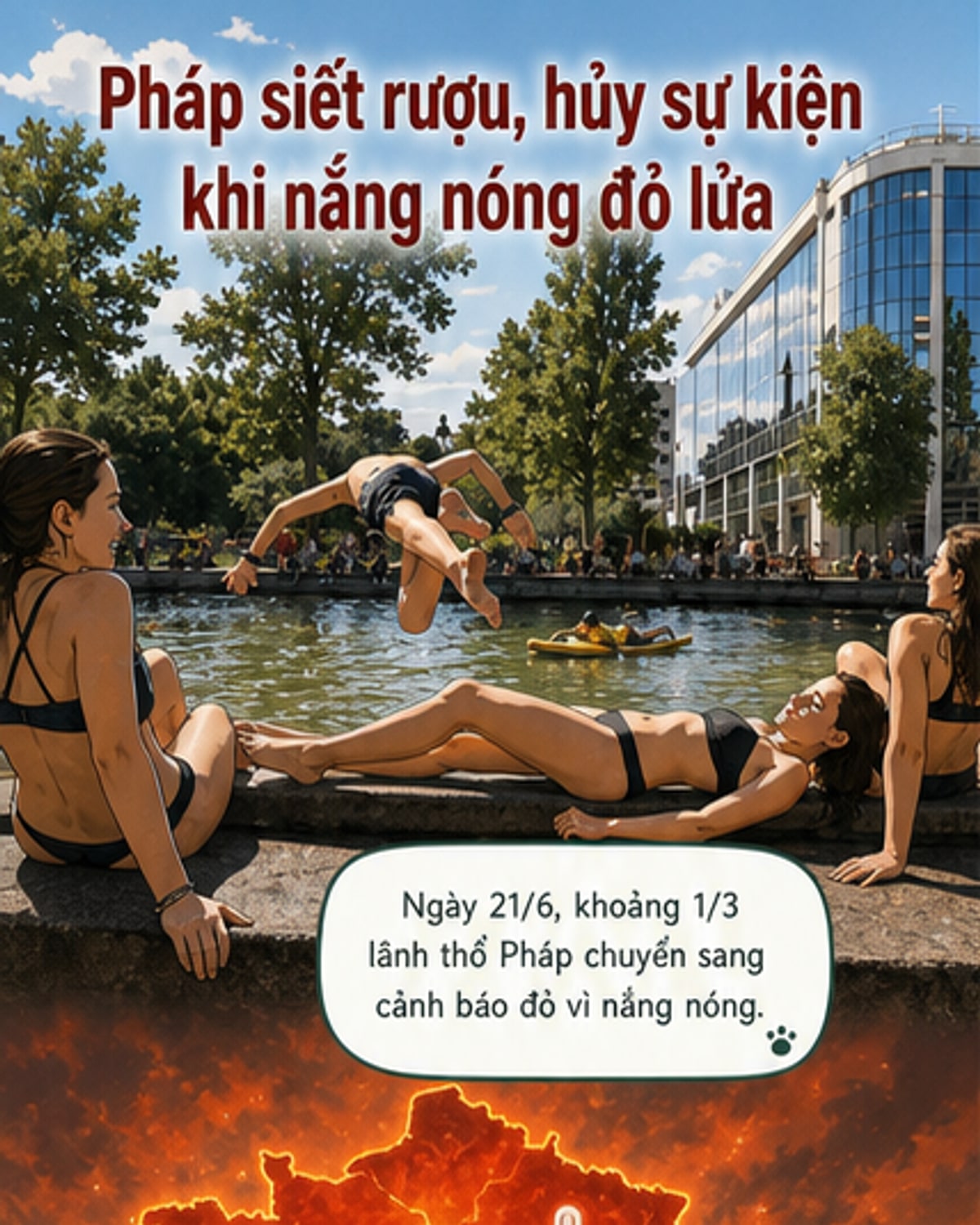 Người dân Paris tìm cách làm mát dưới vòi phun sương gần tháp Eiffel trong đợt nắng nóng dữ dội, Pháp tháng 6 năm 2026.
