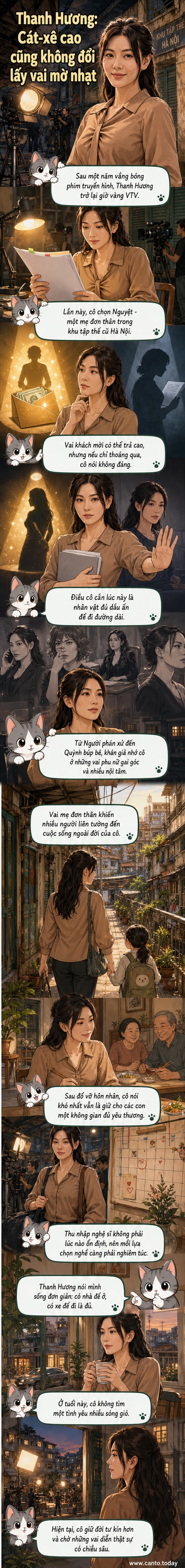 Diễn viên Thanh Hương trong trang phục nhân vật Nguyệt, một bà mẹ đơn thân sống ở khu chung cư cũ tại Hà Nội, đang diễn xuất trong phim Dưới ô cửa sáng đèn.