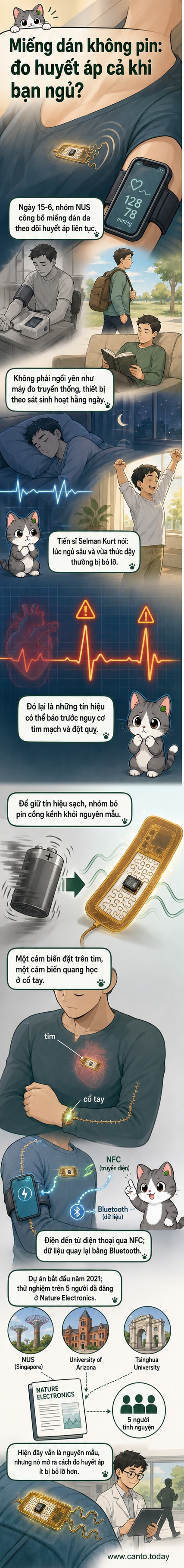 Minh họa miếng dán da không pin theo dõi huyết áp, kết nối với điện thoại thông minh qua công nghệ NFC, được đeo trên cánh tay và cổ tay.