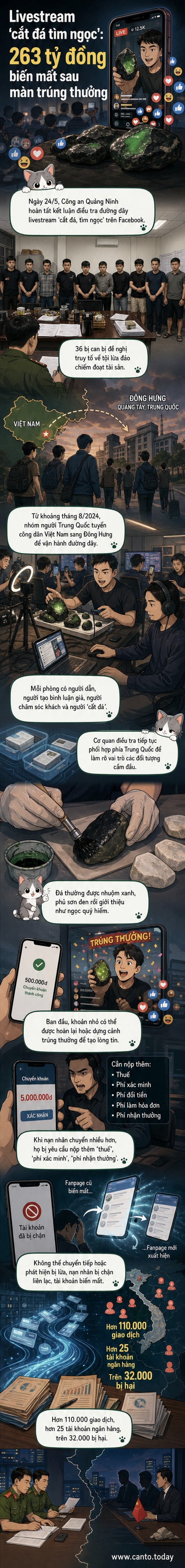 Minh họa livestream cắt viên đá giả tạo cảnh trúng ngọc, với người dẫn chương trình và khán giả ảo trên màn hình điện thoại.
