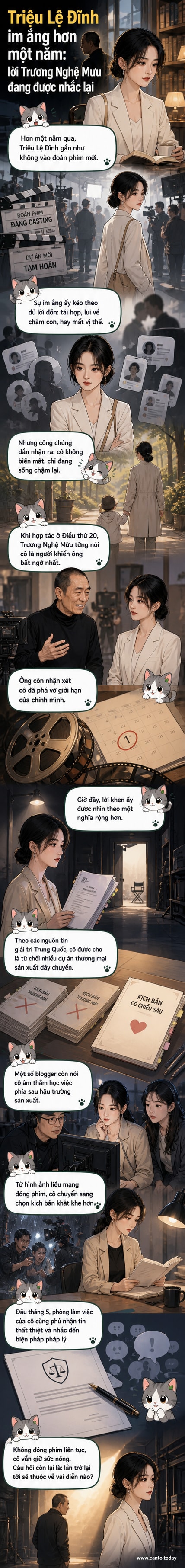 Minh họa Triệu Lệ Dĩnh ngồi đọc sách trong quán cà phê, hình ảnh giản dị giữa thời gian nghỉ ngơi dài sau một năm vắng bóng khỏi phim trường.