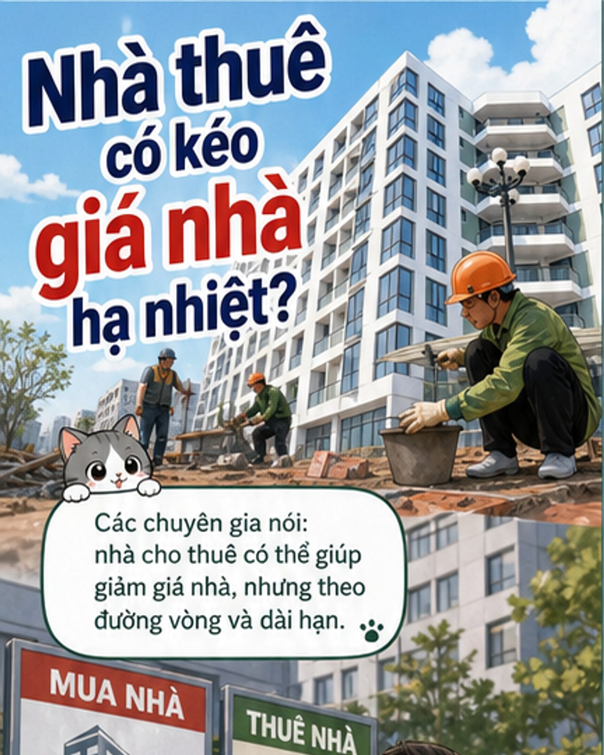 Minh họa một khu đô thị hiện đại với hai lựa chọn song song: dãy nhà ở riêng lẻ mang biển 'Bán' và khu căn hộ dịch vụ hiện đại mang biển 'Cho thuê', thể hiện sự dịch chuyển trong xu hướng nhà ở.