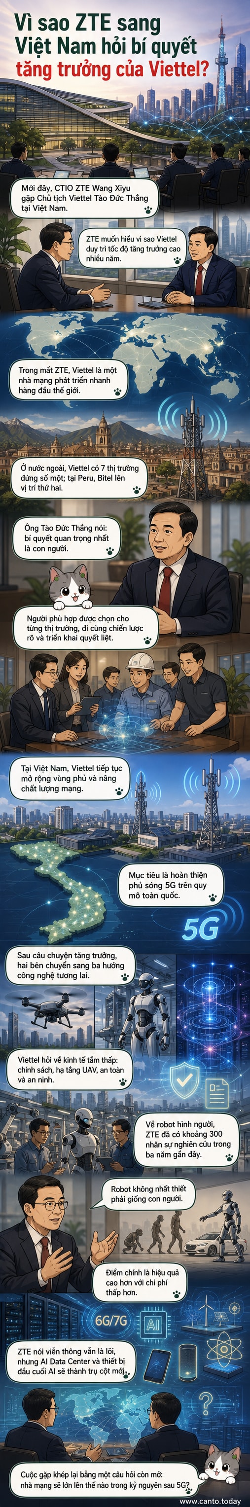 Hình ảnh minh họa cuộc gặp giữa Chủ tịch Viettel Tào Đức Thắng và Giám đốc Công nghệ ZTE Wang Xiyu, trong bối cảnh trao đổi công nghệ và chiến lược phát triển tương lai.