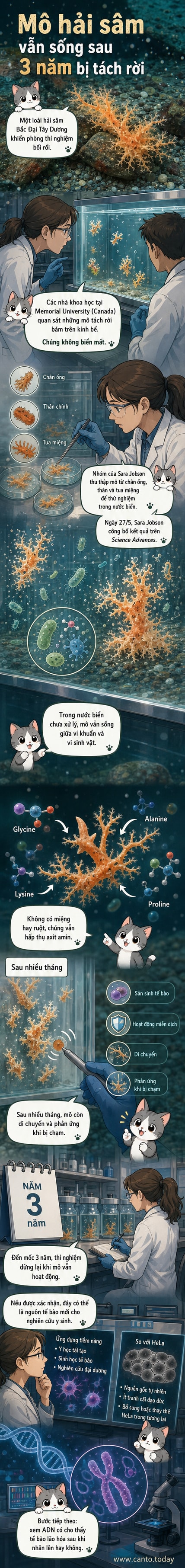 Minh họa một mảnh mô hải sâm tách rời đang phát triển trong nước biển, với các tế bào hoạt động mạnh mẽ dưới kính hiển vi