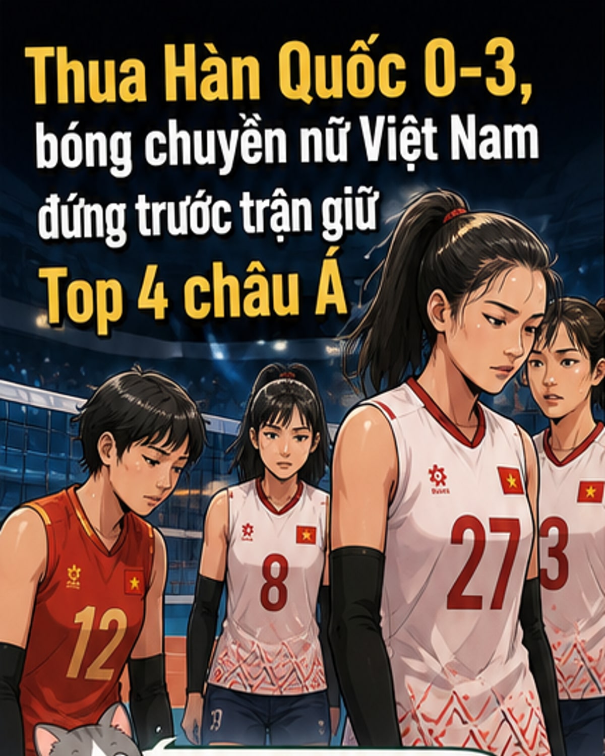 Cầu thủ bóng chuyền nữ Việt Nam thi đấu tại giải AVC Nations Cup 2026, ánh đèn sân đấu rực sáng, khán giả cổ vũ phía sau