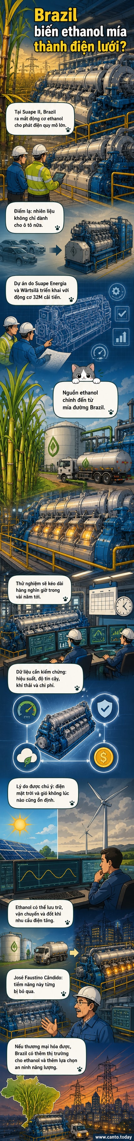 Hình ảnh minh họa động cơ Wärtsilä 32M chạy bằng ethanol từ mía đường, đặt trong bối cảnh nhà máy điện ở Brazil với cánh đồng mía phía sau.