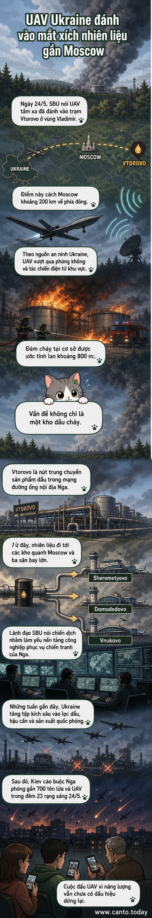Hình ảnh đám cháy lớn tại trạm phân phối dầu Vtorovo ở vùng Vladimir, Nga, sau cuộc tấn công bằng máy bay không người lái của Ukraine ngày 24/5/2026.