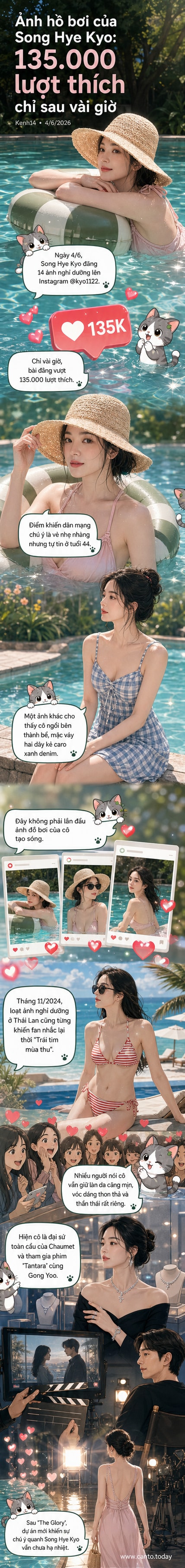Song Hye Kyo nằm thư giãn trên phao bơi, mặc bikini hồng nhạt, đội mũ rơm, đeo kính râm, khung cảnh xung quanh là hồ bơi và thiên nhiên xanh mát.