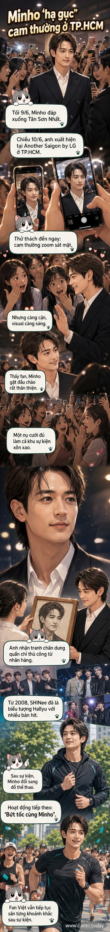 Minho (SHINee) trong trang phục vest đen tại sự kiện ở TP.HCM, nụ cười tỏa nắng giữa vòng vây người hâm mộ và ống kính phóng viên.
