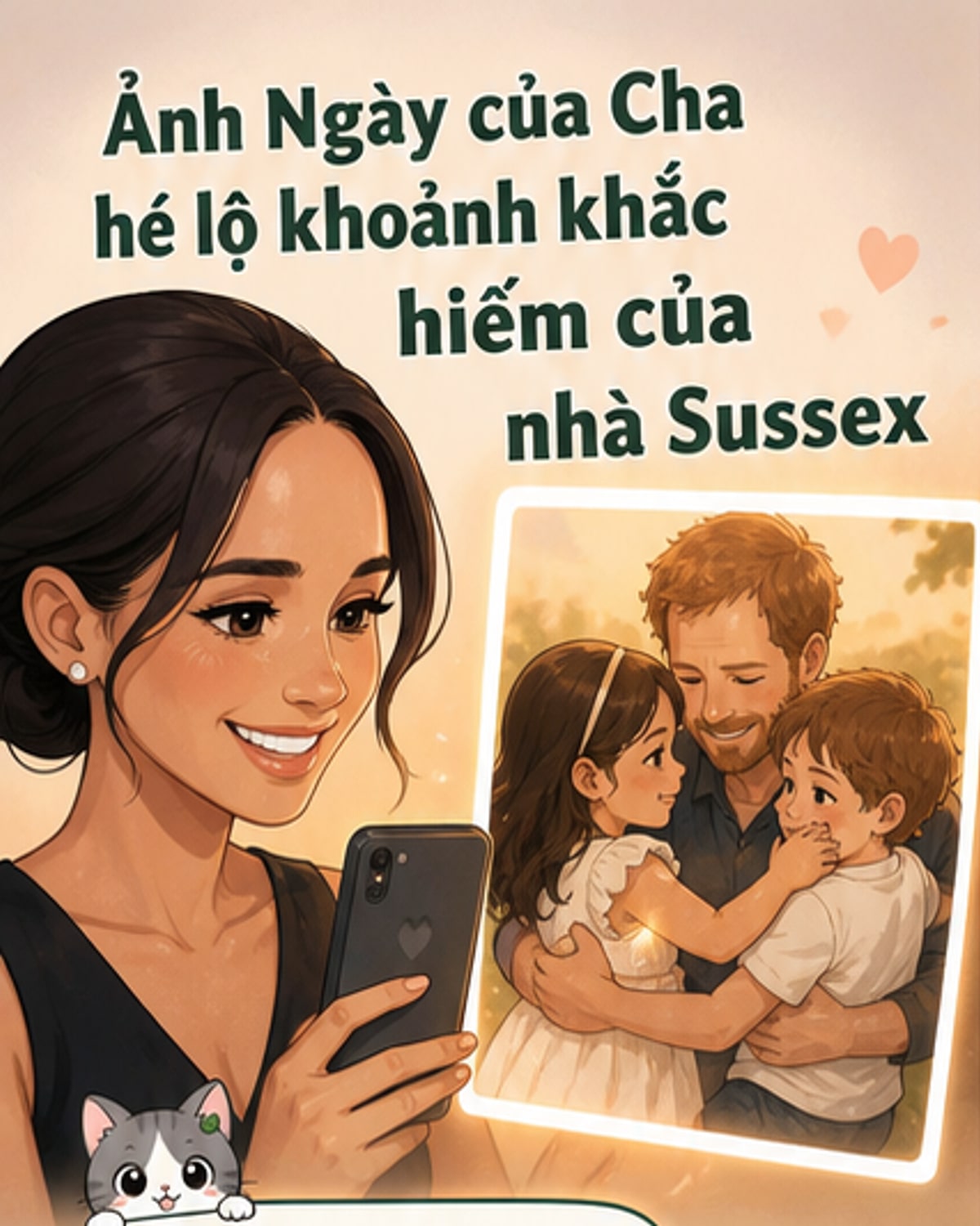 Bức ảnh do Meghan chia sẻ trên Instagram cho thấy Hoàng tử Harry mỉm cười, ôm chặt hai con – Archie và Lilibet – trong một khoảnh khắc gia đình ấm áp nhân Ngày của Cha.